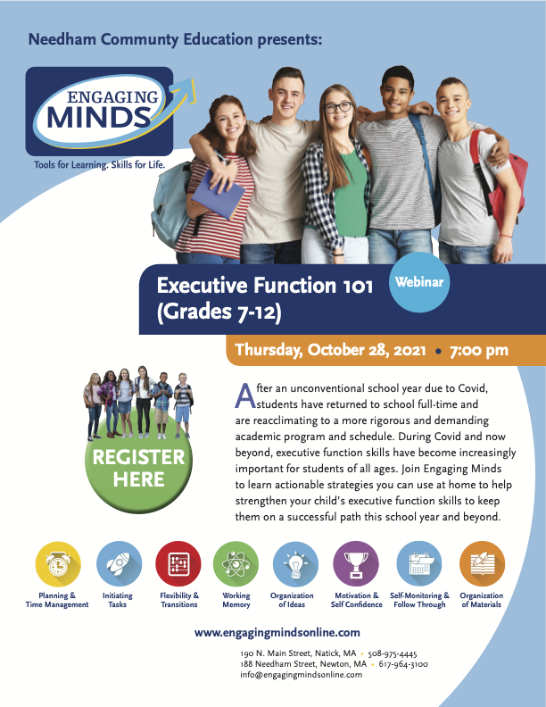 promotional graphic for Executive Function Skills grades 7-12 webinar