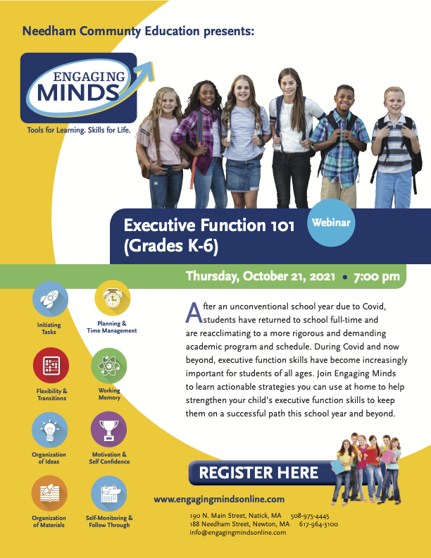 promotional graphic for Executive Function skills grades K-6 webinar